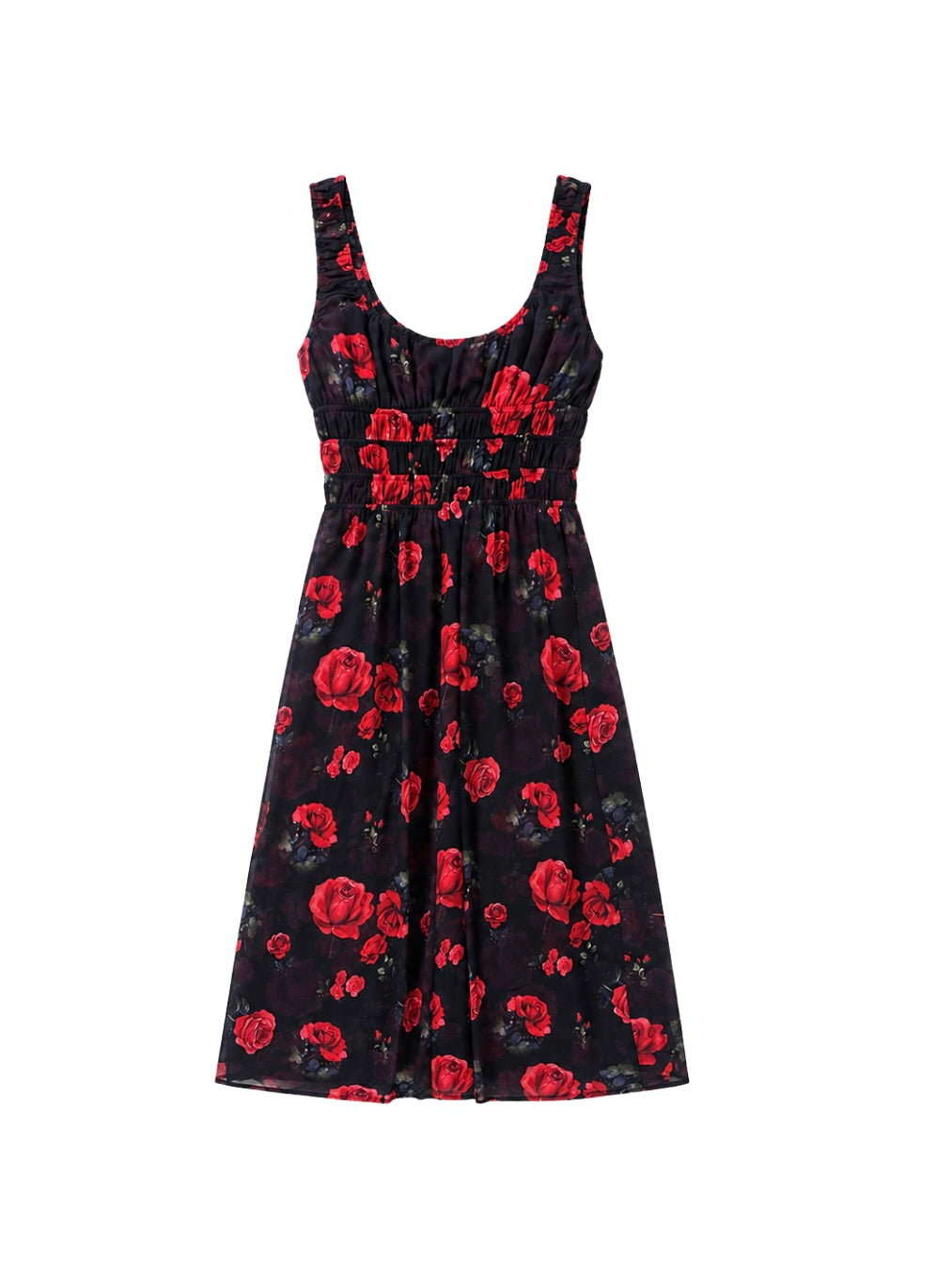 'I HEART NYC' ROSE PRINT SHIRRED BODICE MIDI DRESS BLACK MULTI
