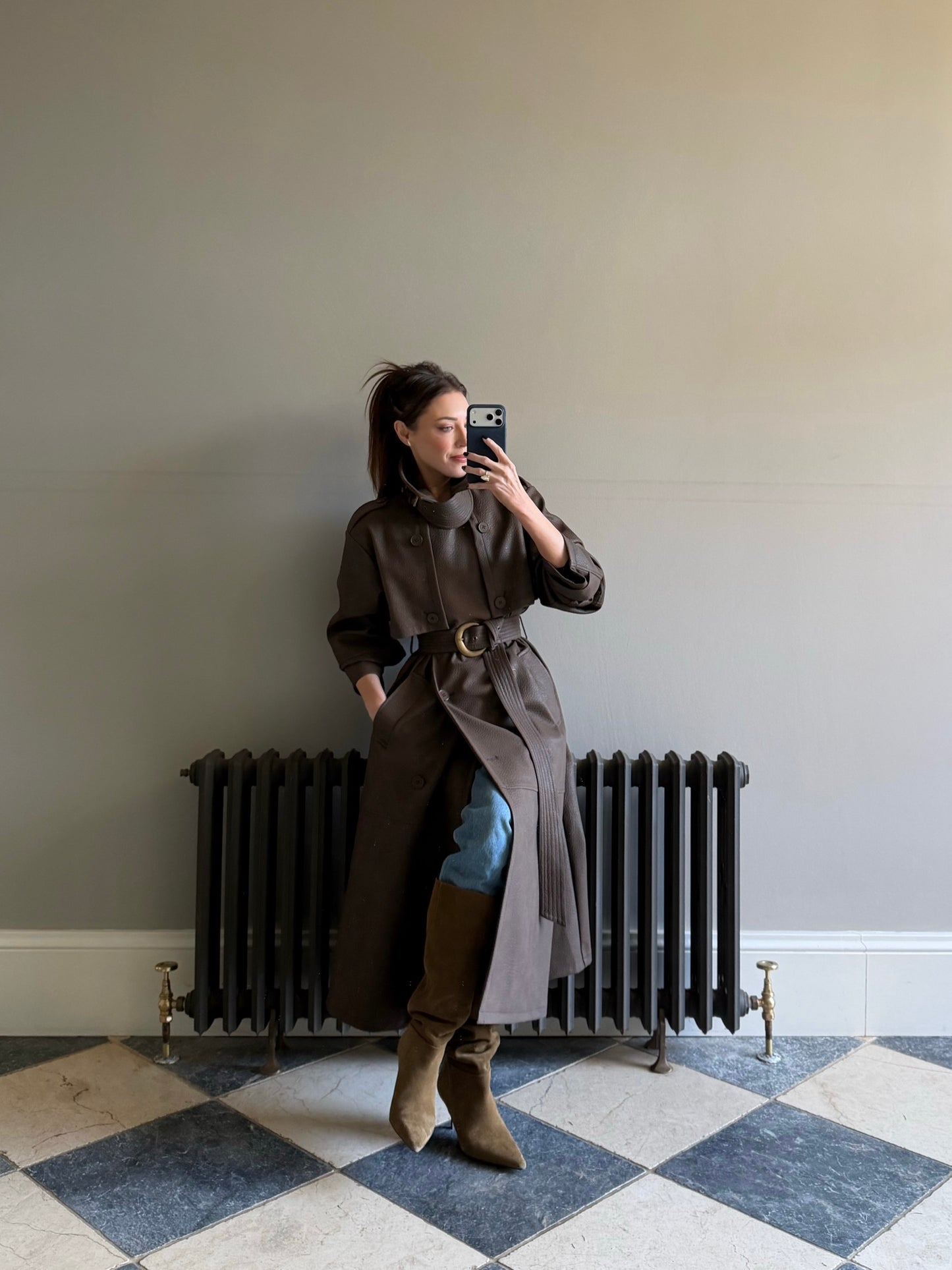 'VERSAILLES' LIMITED EDITION FAUX LEATHER SIGNATURE BELTED TRENCH COAT BROWN