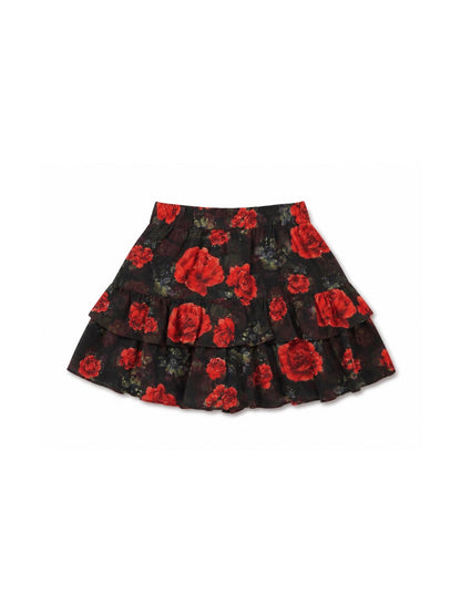 'I HEART NYC' ROSE PRINT TIERED RUFFLE SKORT BLACK