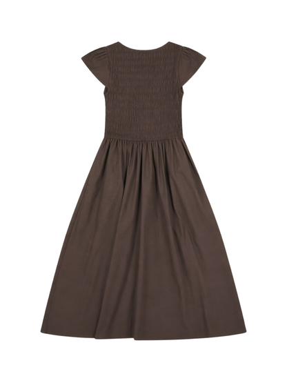 'ELIZABETH' SHIRRED BODICE SHORT SLEEVE MIDAXI DRESS BROWN