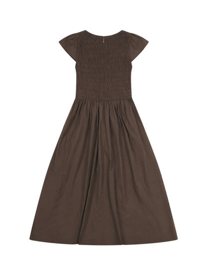 'ELIZABETH' SHIRRED BODICE SHORT SLEEVE MIDAXI DRESS BROWN