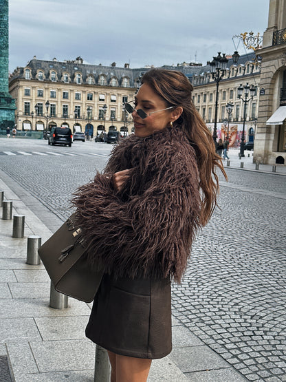 'XOXO' FAUX FUR CROPPED JACKET BROWN