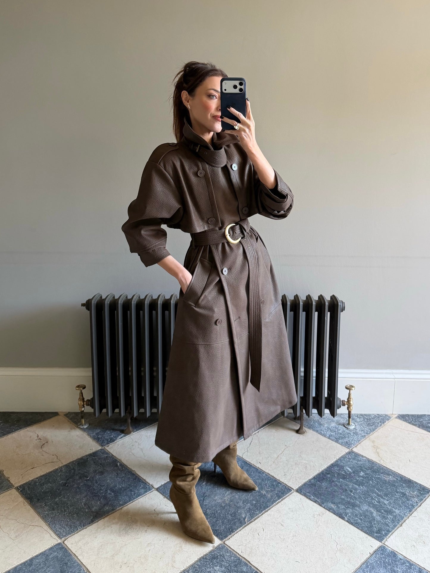'VERSAILLES' LIMITED EDITION FAUX LEATHER SIGNATURE BELTED TRENCH COAT BROWN