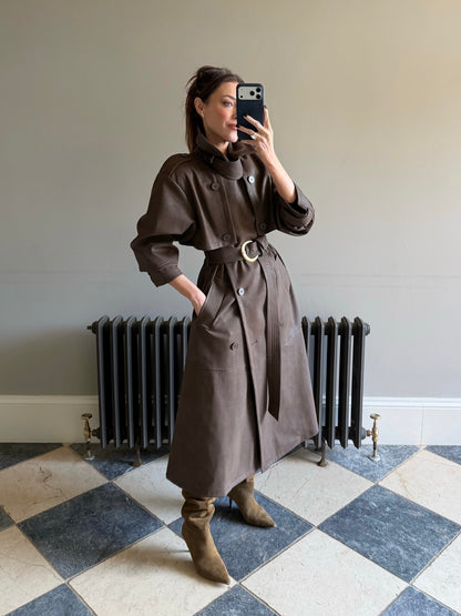 'VERSAILLES' LIMITED EDITION FAUX LEATHER SIGNATURE BELTED TRENCH COAT BROWN