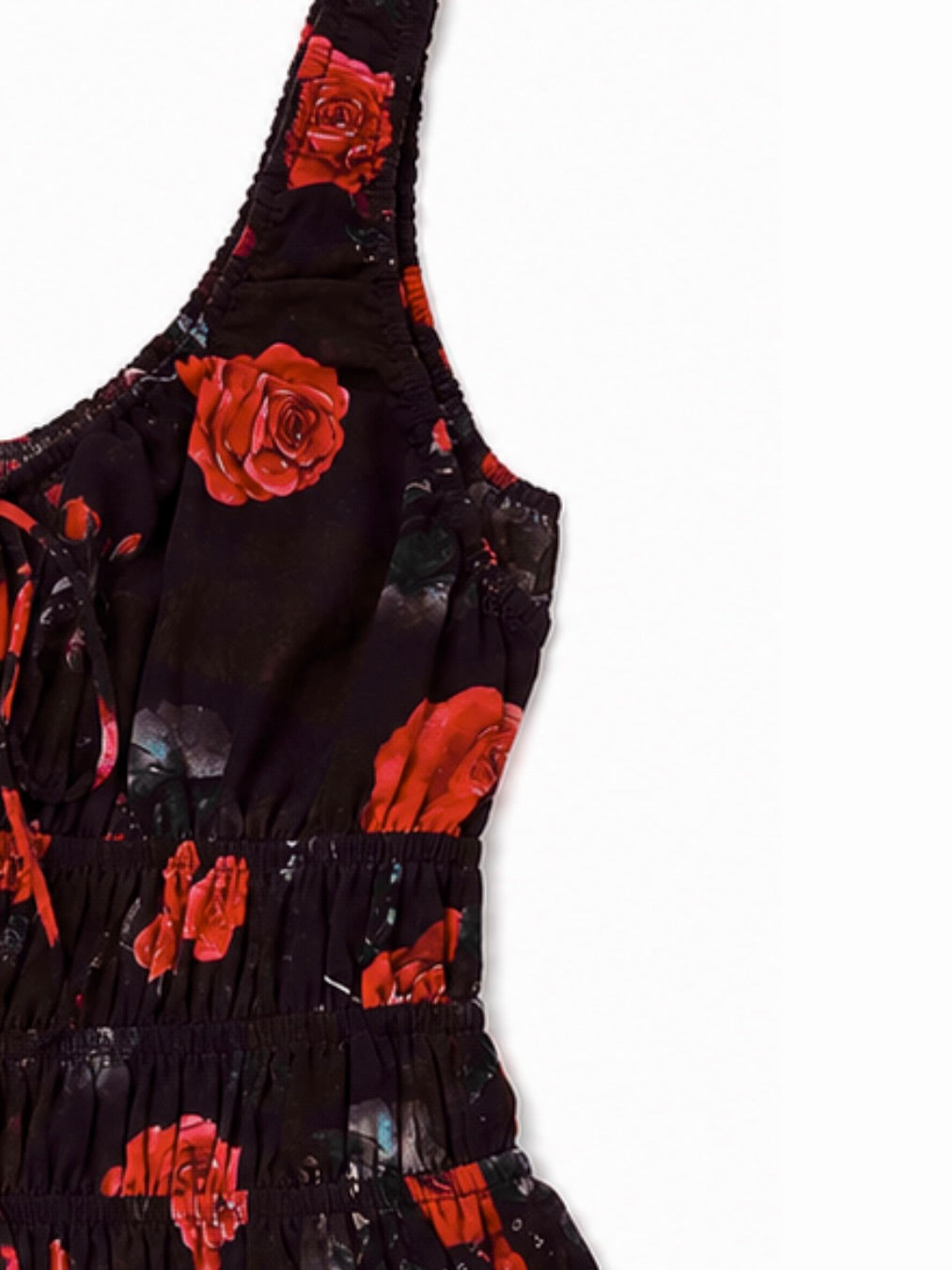 'I HEART NYC' ROSE PRINT SHIRRED BODICE MIDI DRESS BLACK MULTI