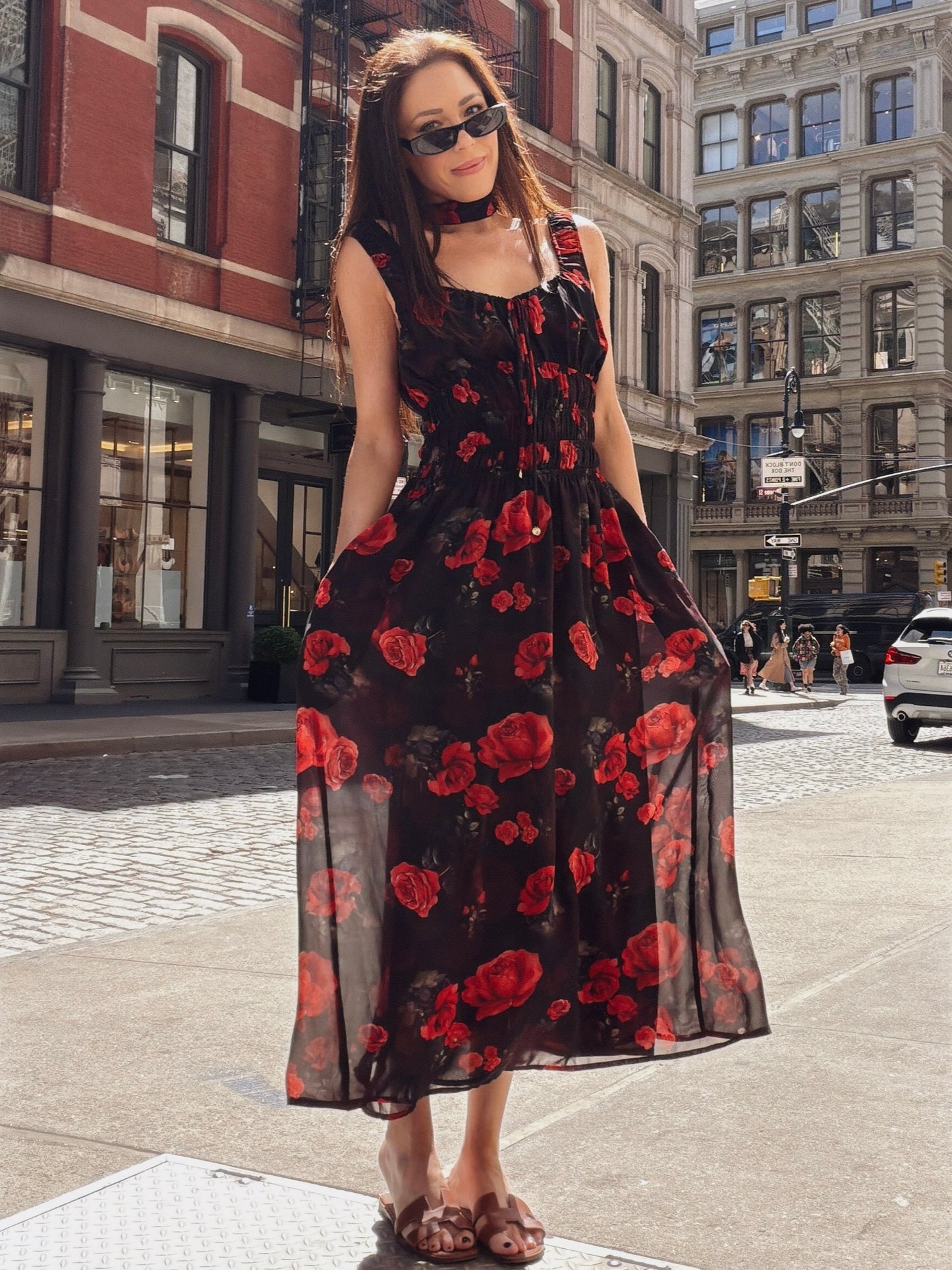 'I HEART NYC' ROSE PRINT SHIRRED BODICE MIDI DRESS BLACK MULTI