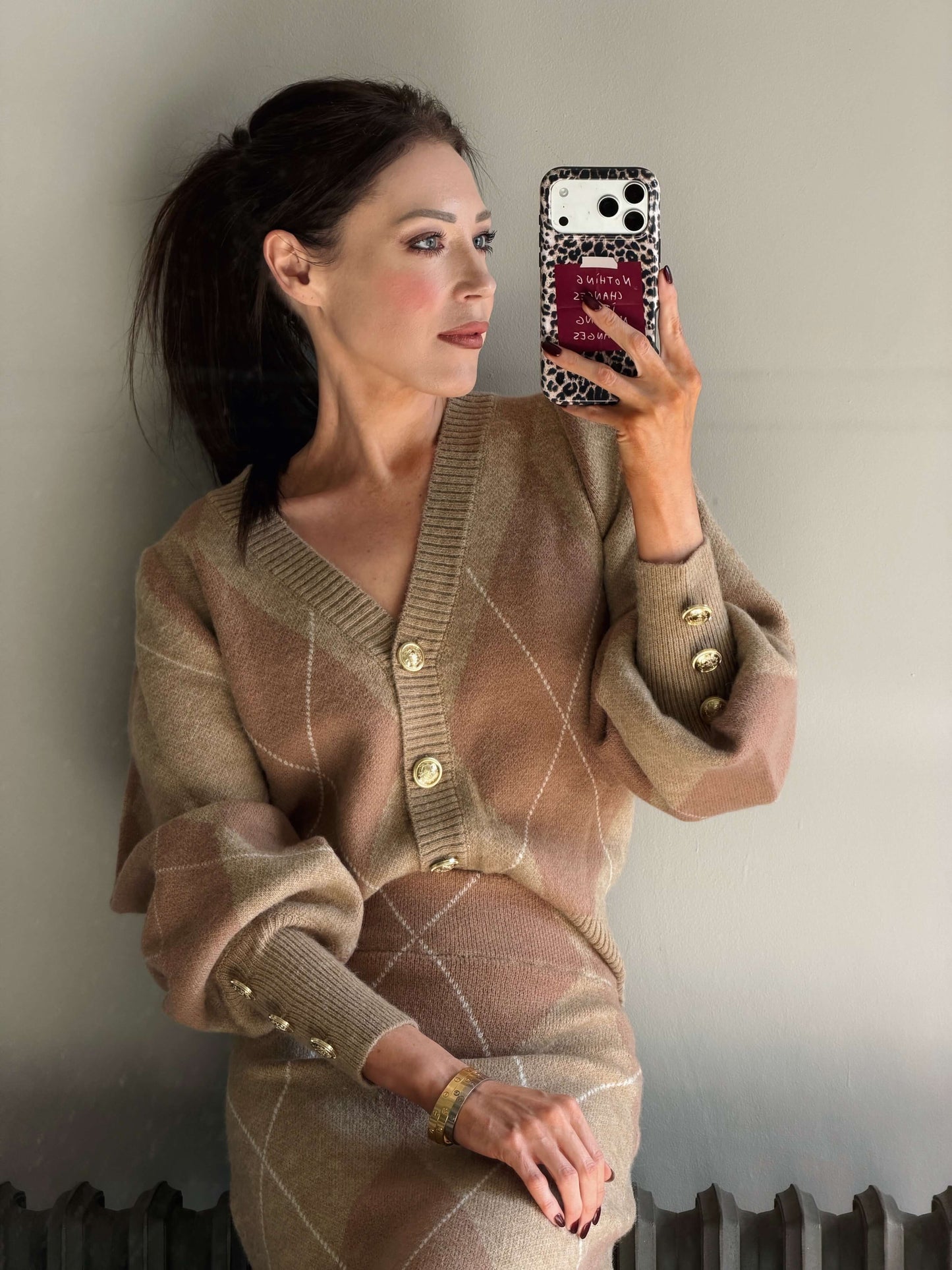 ‘PICTURE PERFECT’ ARGYLE DIAMOND KNIT CARDIGAN CAMEL