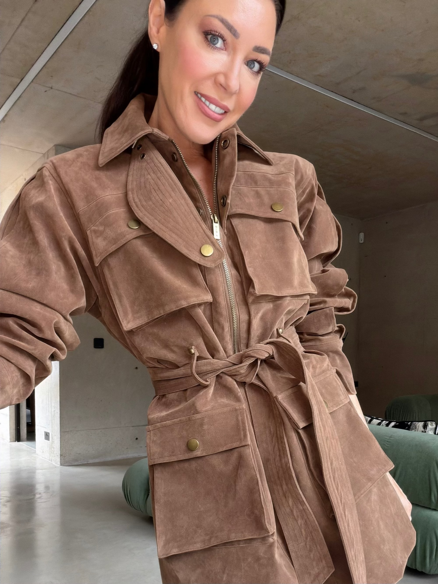 **PRE-ORDER** ‘STEVIE' FAUX SUEDE UTILITY HOURGLASS JACKET BROWN