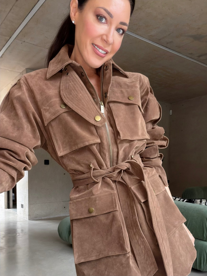 **PRE-ORDER** ‘STEVIE' FAUX SUEDE UTILITY HOURGLASS JACKET BROWN