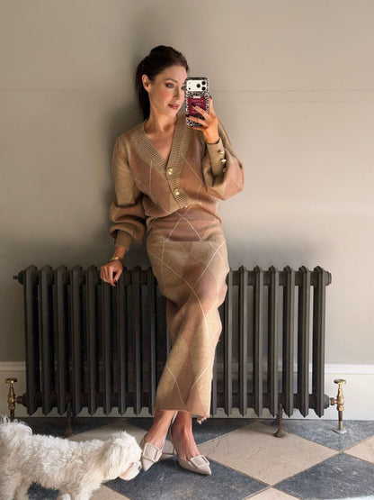 ‘PICTURE PERFECT’ ARGYLE DIAMOND KNIT CARDIGAN CAMEL
