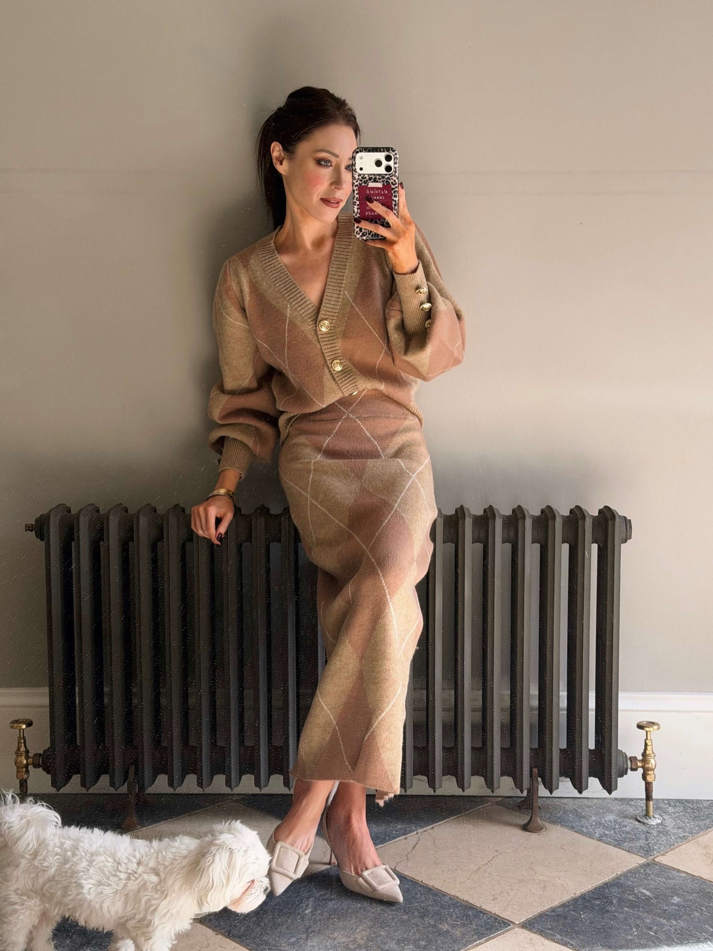 ‘PICTURE PERFECT’ ARGYLE DIAMOND KNIT COLUMN SKIRT CAMEL