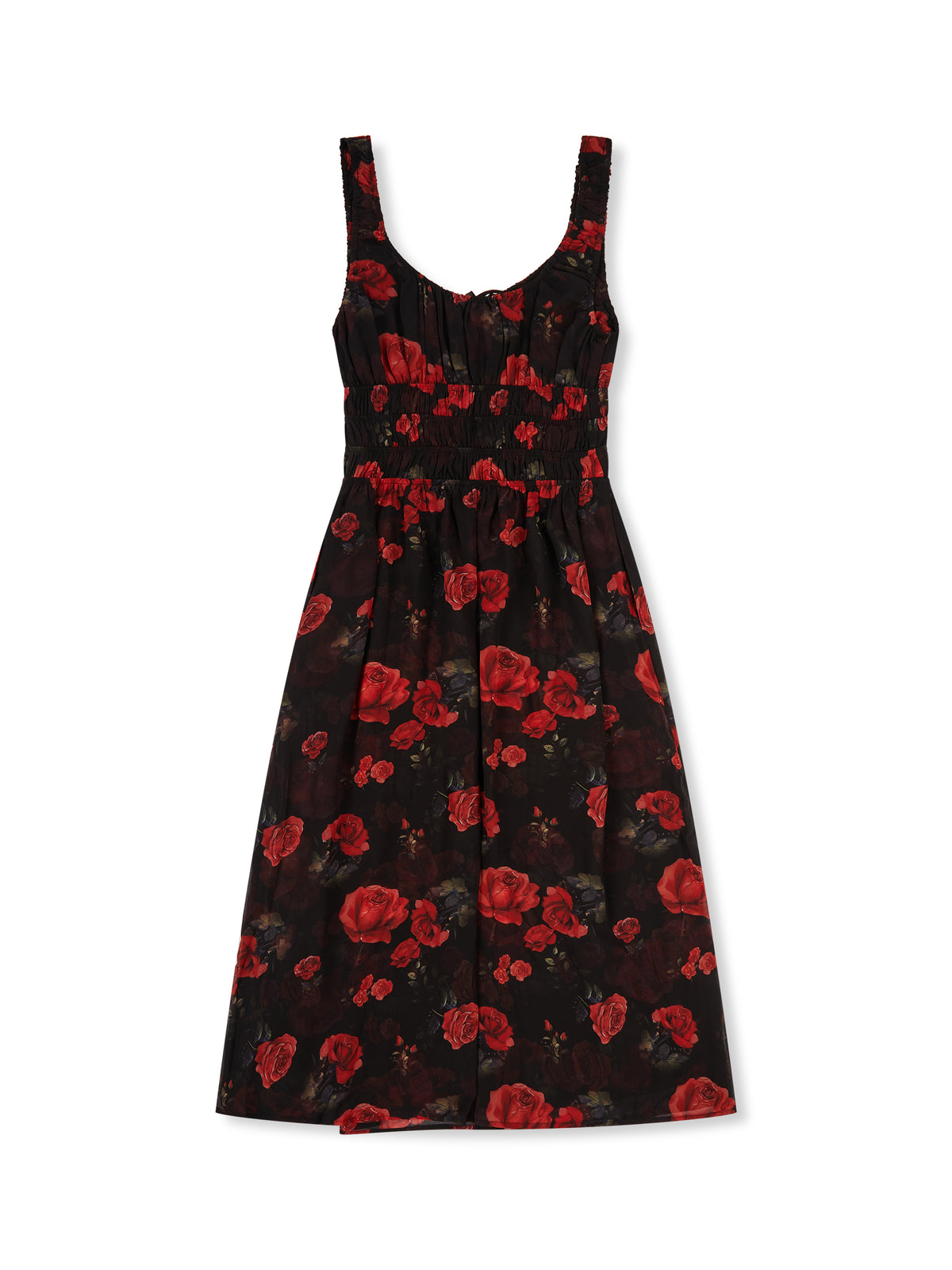 'I HEART NYC' ROSE PRINT SHIRRED BODICE MIDI DRESS BLACK MULTI