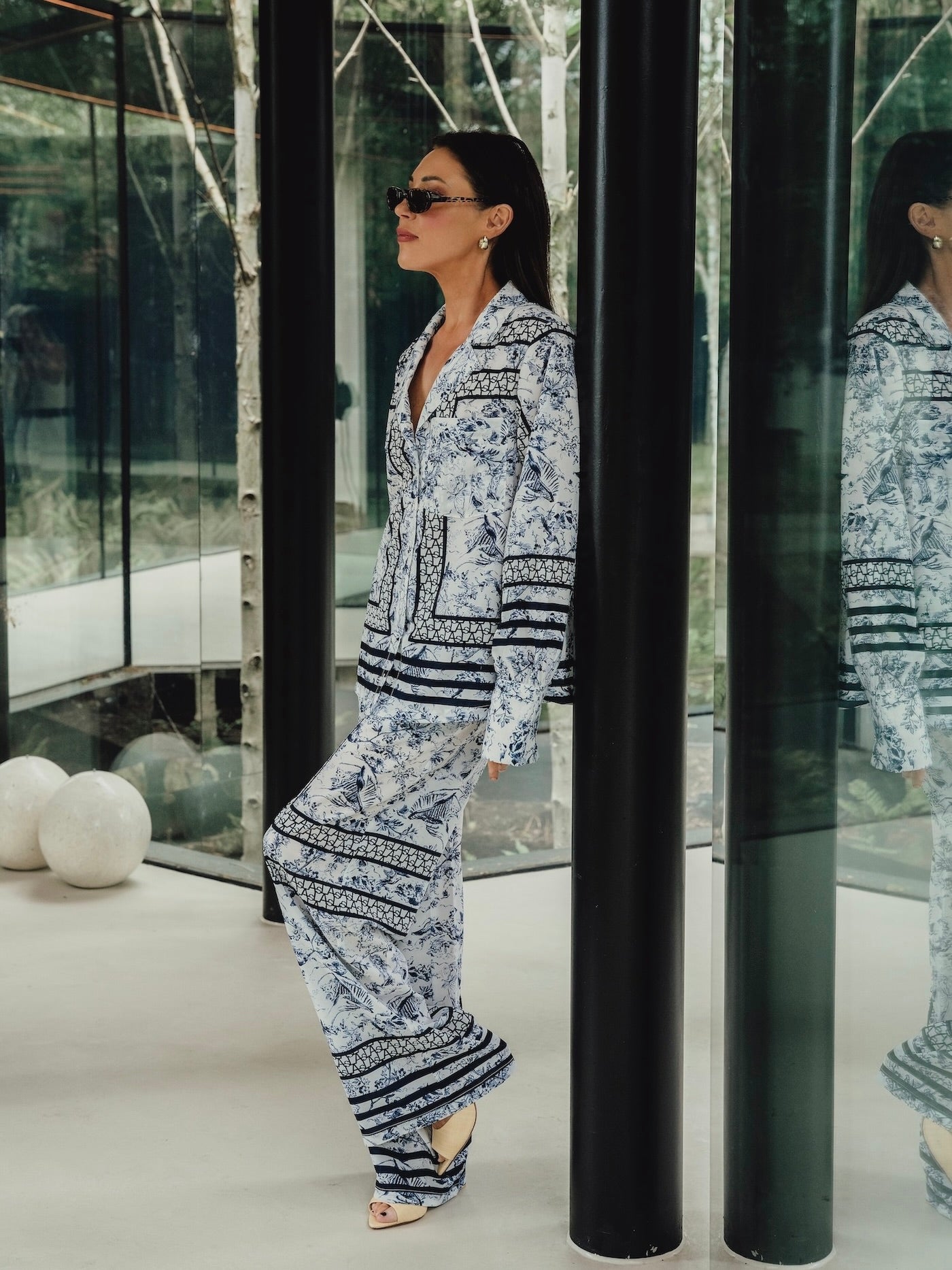 LAS SIGNATURE SCARF PRINT TROUSERS NAVY