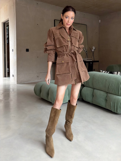 **PRE-ORDER** ‘STEVIE' FAUX SUEDE UTILITY HOURGLASS JACKET BROWN
