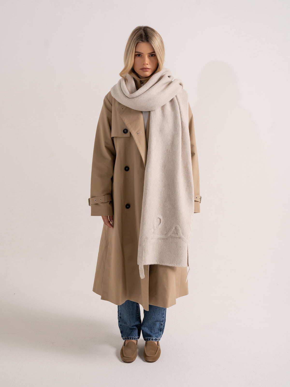 'LOULOU' WOOL BLEND APPLIQUÉ DETAIL SCARF OAT BEIGE