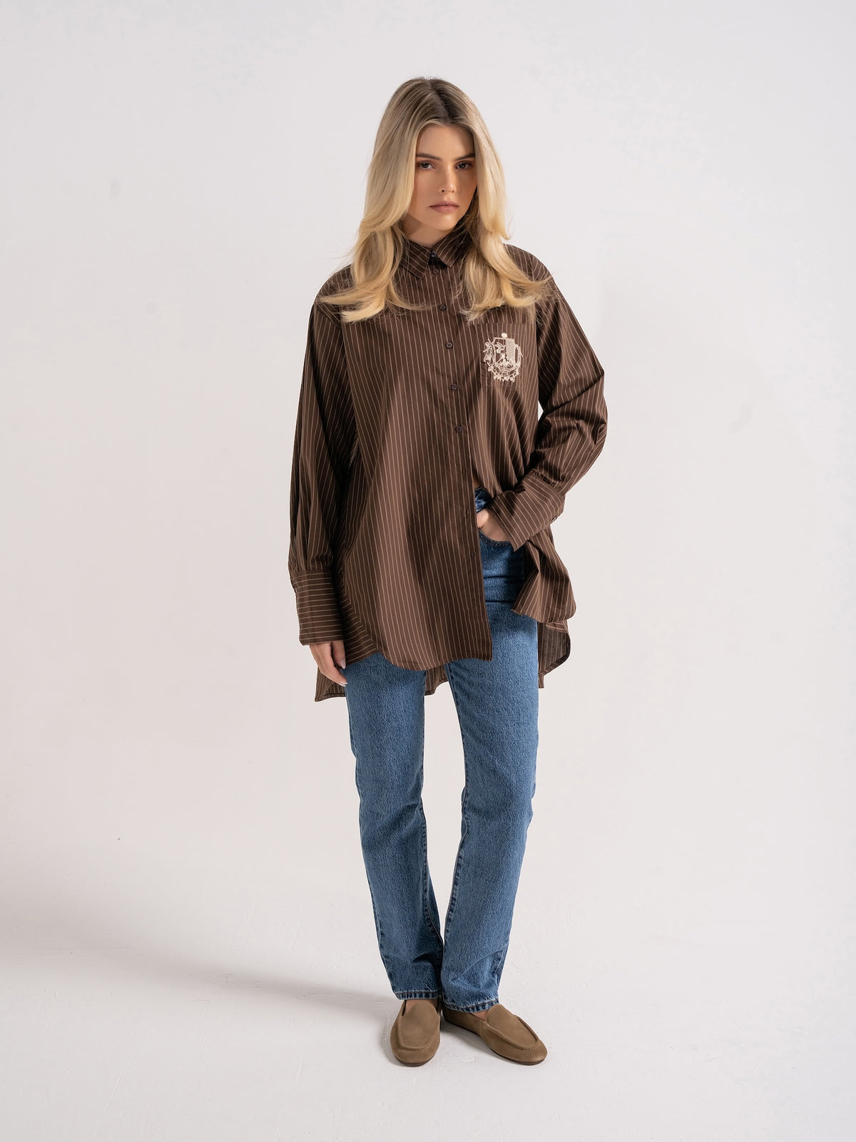 ‘EASY DOES IT’ OVERSIZED STRIPE COTTON BOX PLEAT SHIRT BROWN