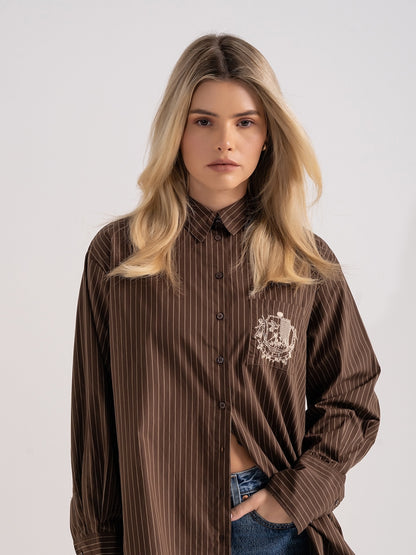 ‘EASY DOES IT’ OVERSIZED STRIPE COTTON BOX PLEAT SHIRT BROWN