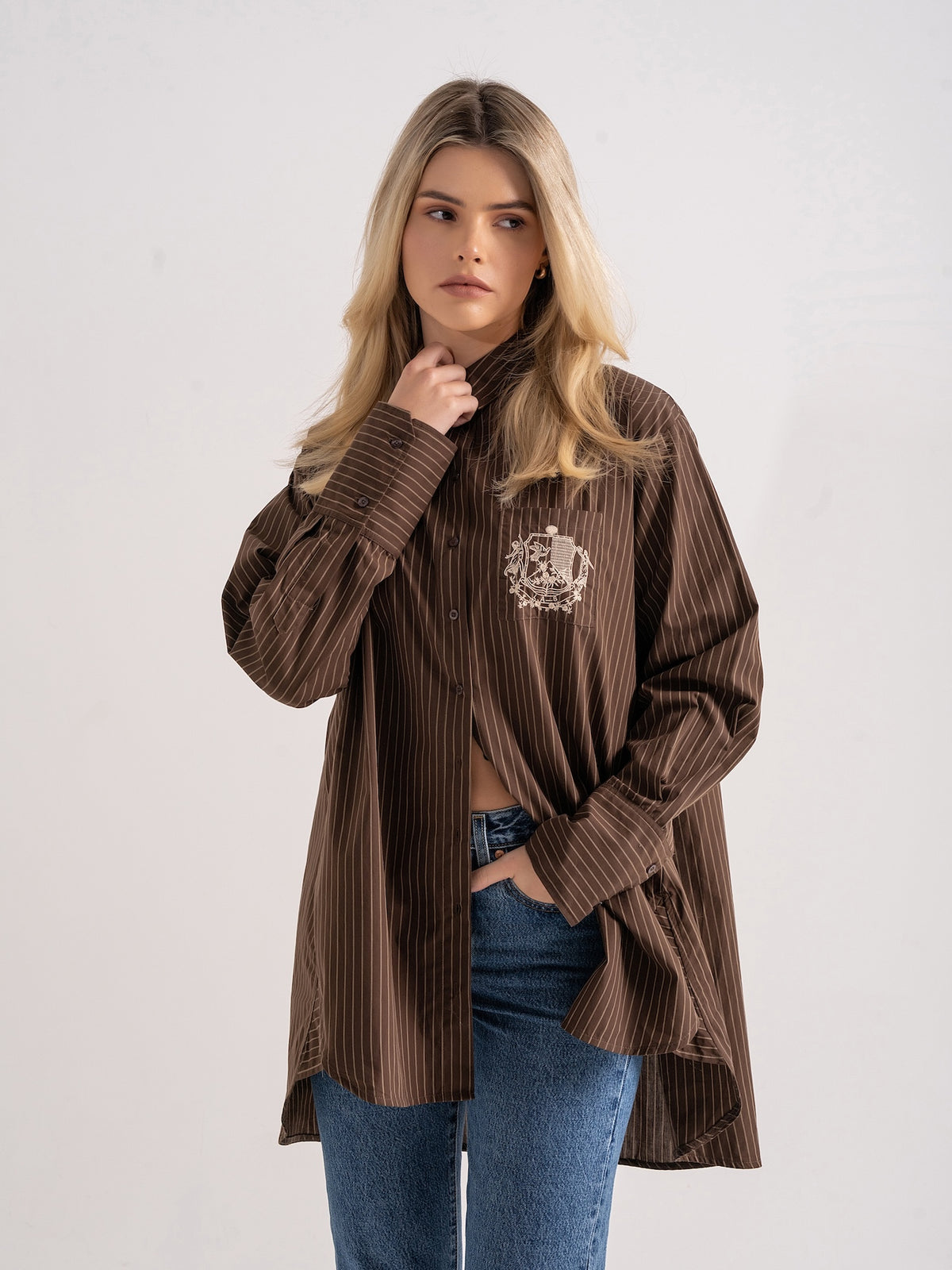 ‘EASY DOES IT’ OVERSIZED STRIPE COTTON BOX PLEAT SHIRT BROWN