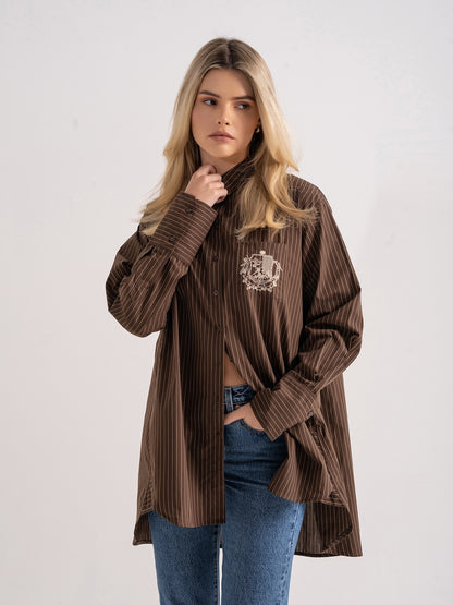 ‘EASY DOES IT’ OVERSIZED STRIPE COTTON BOX PLEAT SHIRT BROWN