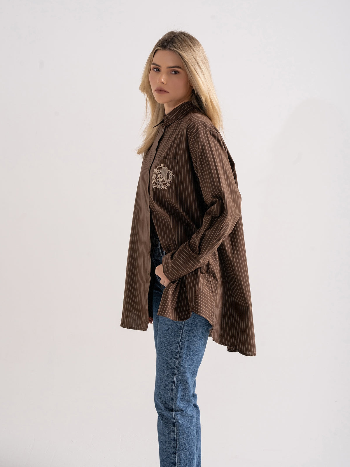 ‘EASY DOES IT’ OVERSIZED STRIPE COTTON BOX PLEAT SHIRT BROWN