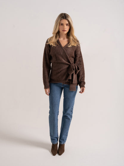 ‘POESY’ EYELASH KNITTED BALLERINA WRAP CARDIGAN BROWN