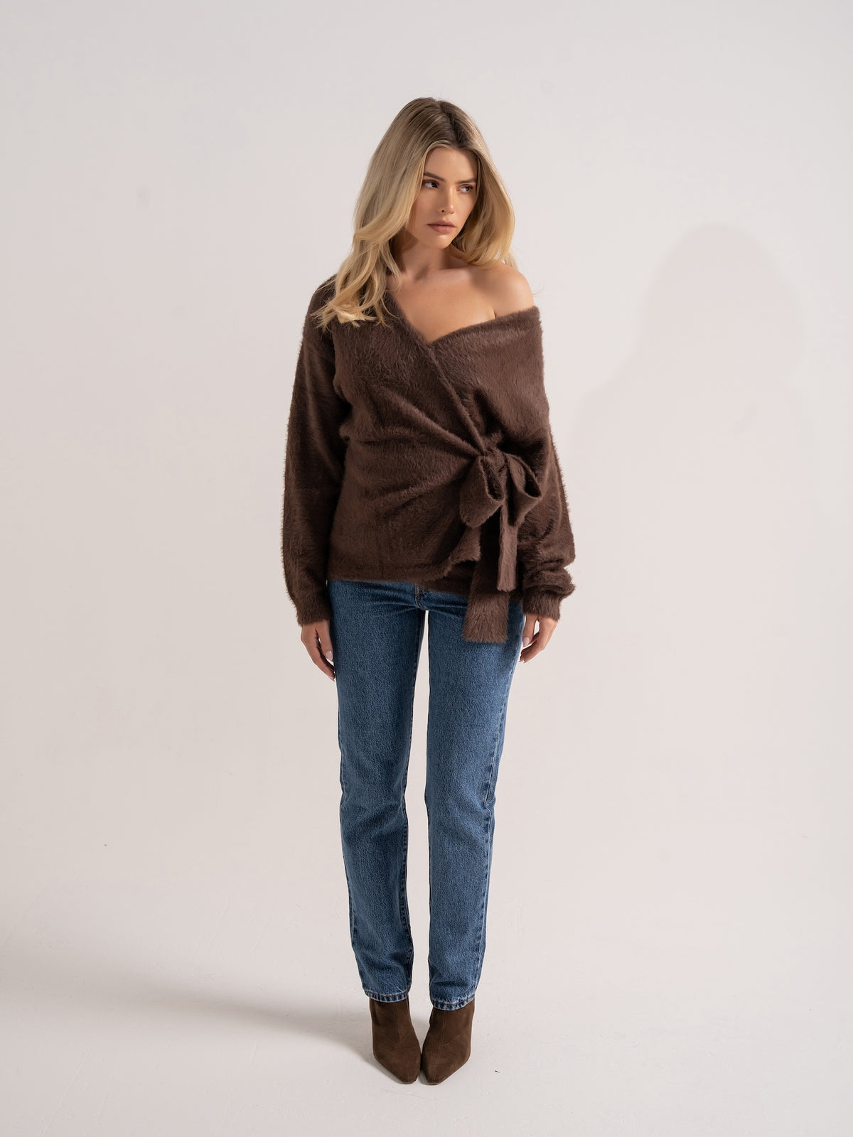 ‘POESY’ EYELASH KNITTED BALLERINA WRAP CARDIGAN BROWN