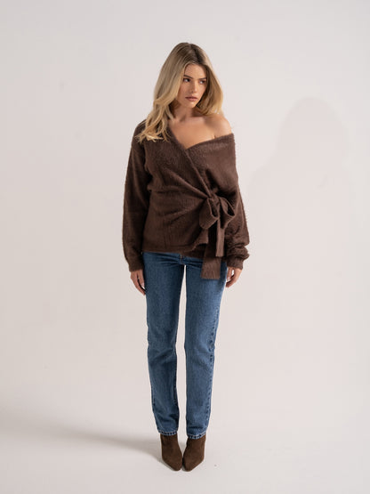 ‘POESY’ EYELASH KNITTED BALLERINA WRAP CARDIGAN BROWN
