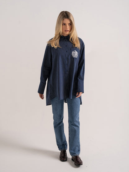 ‘EASY DOES IT’ OVERSIZED STRIPE COTTON BOX PLEAT SHIRT NAVY