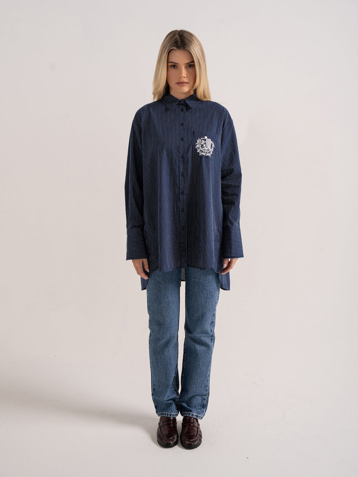 ‘EASY DOES IT’ OVERSIZED STRIPE COTTON BOX PLEAT SHIRT NAVY