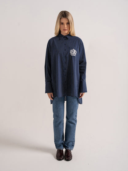‘EASY DOES IT’ OVERSIZED STRIPE COTTON BOX PLEAT SHIRT NAVY
