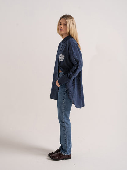 ‘EASY DOES IT’ OVERSIZED STRIPE COTTON BOX PLEAT SHIRT NAVY