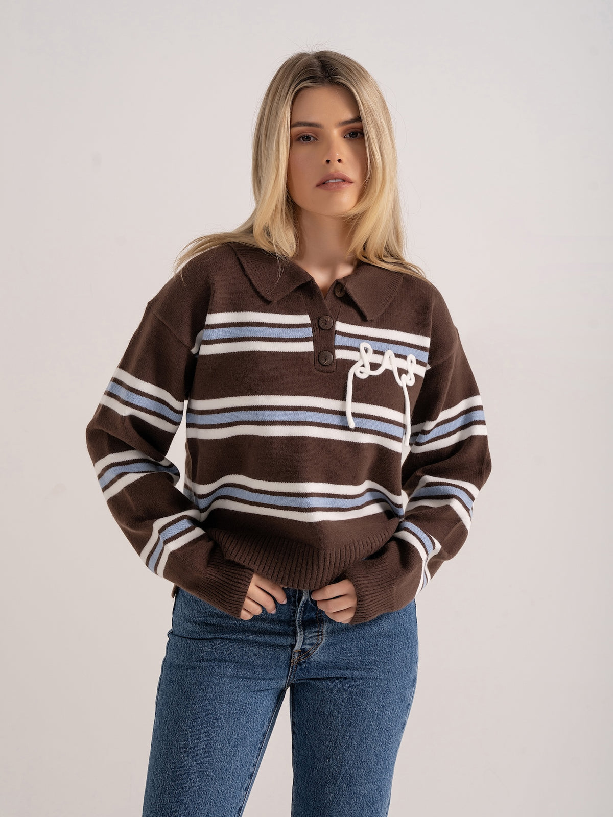 'SUKI' LAS KNITTED RUGBY TOP BROWN MULTI