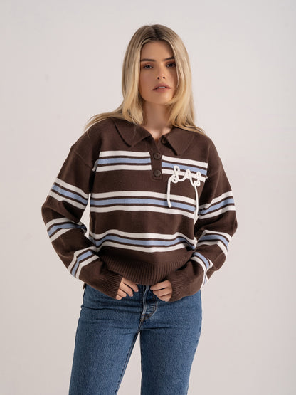 'SUKI' LAS KNITTED RUGBY TOP BROWN MULTI