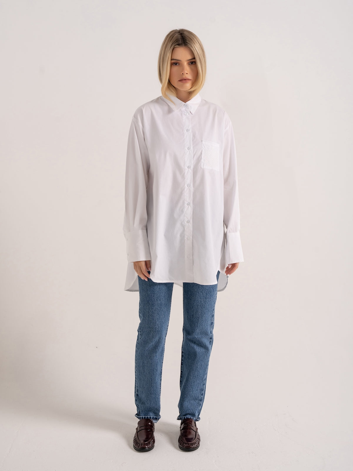 ‘EASY DOES IT’  OVERSIZED COTTON BOX PLEAT SHIRT WHITE