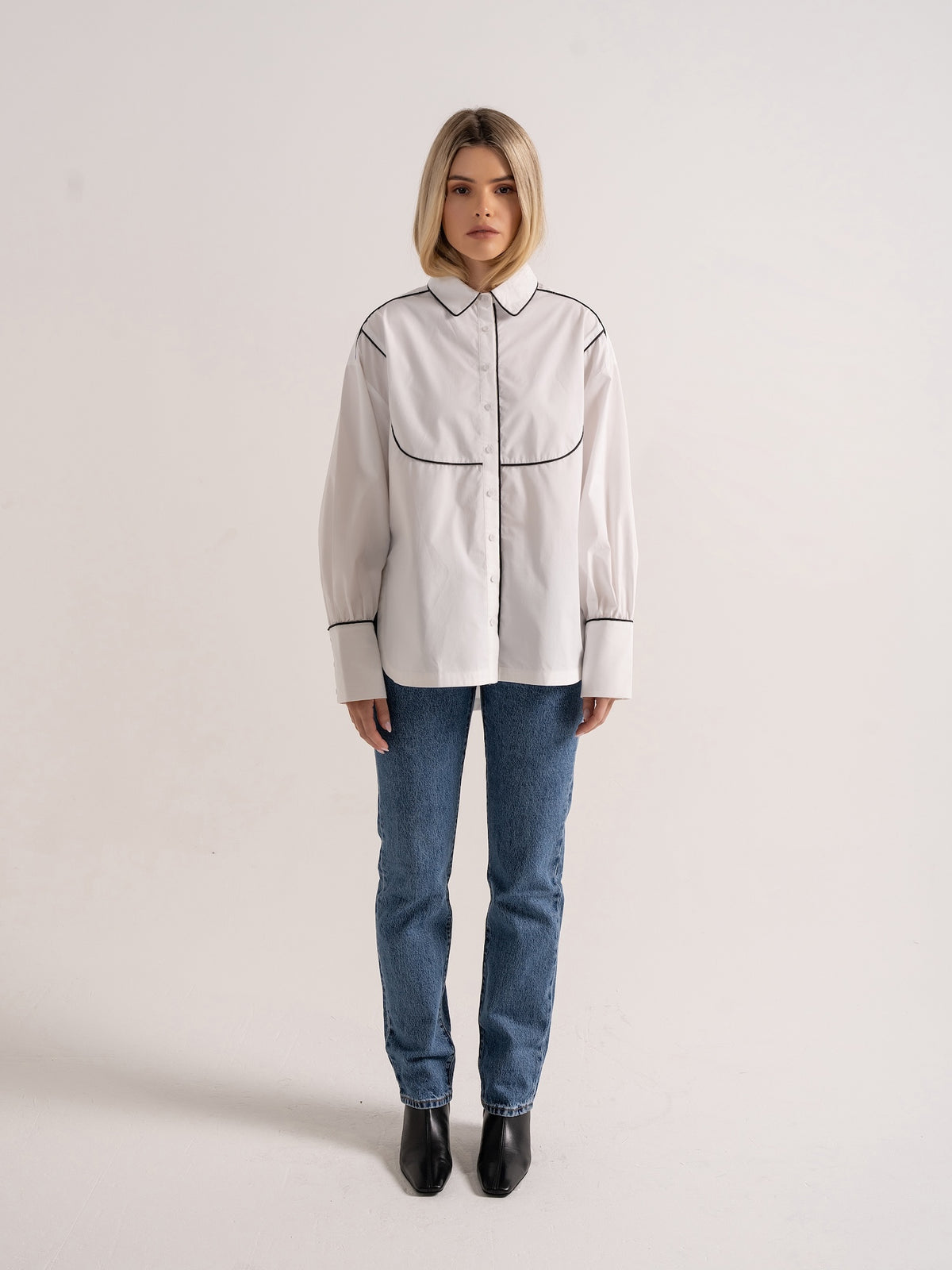 'BESETTE' OVERSIZED COTTON SHIRT WITH CONTRAST PIPING WHITE