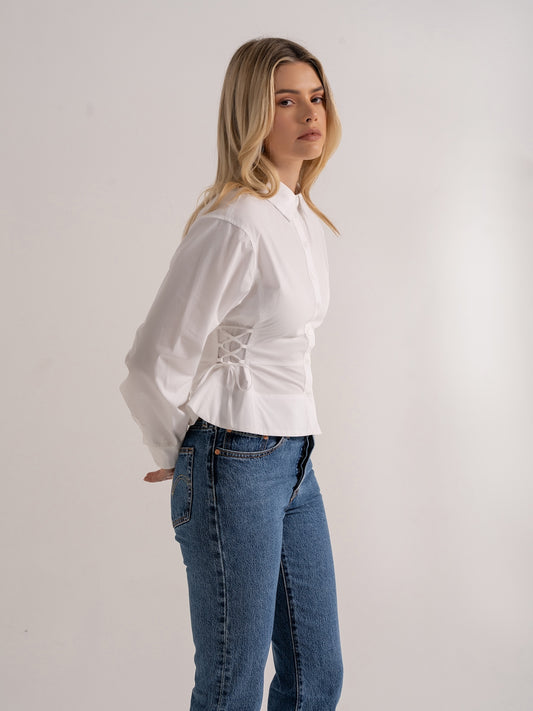 'POLLY' HOURGLASS LACE UP SIDE SHIRT WHITE