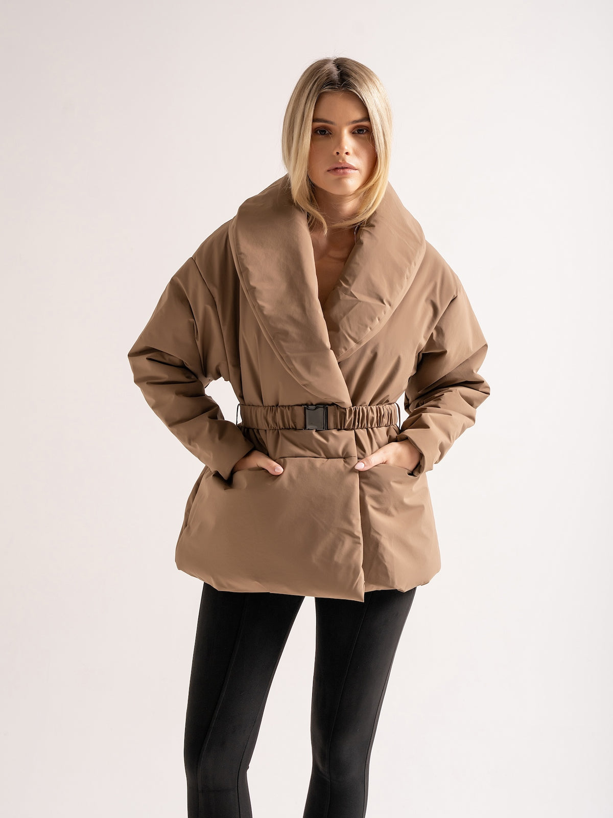 'MARAIS' SHAWL COLLAR BELTED PUFFER OVERSIZED JACKET BROWN