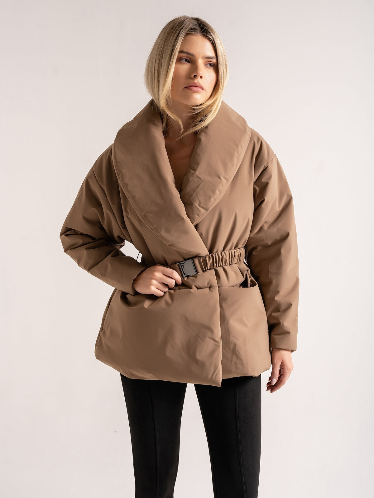 'MARAIS' SHAWL COLLAR BELTED PUFFER OVERSIZED JACKET BROWN