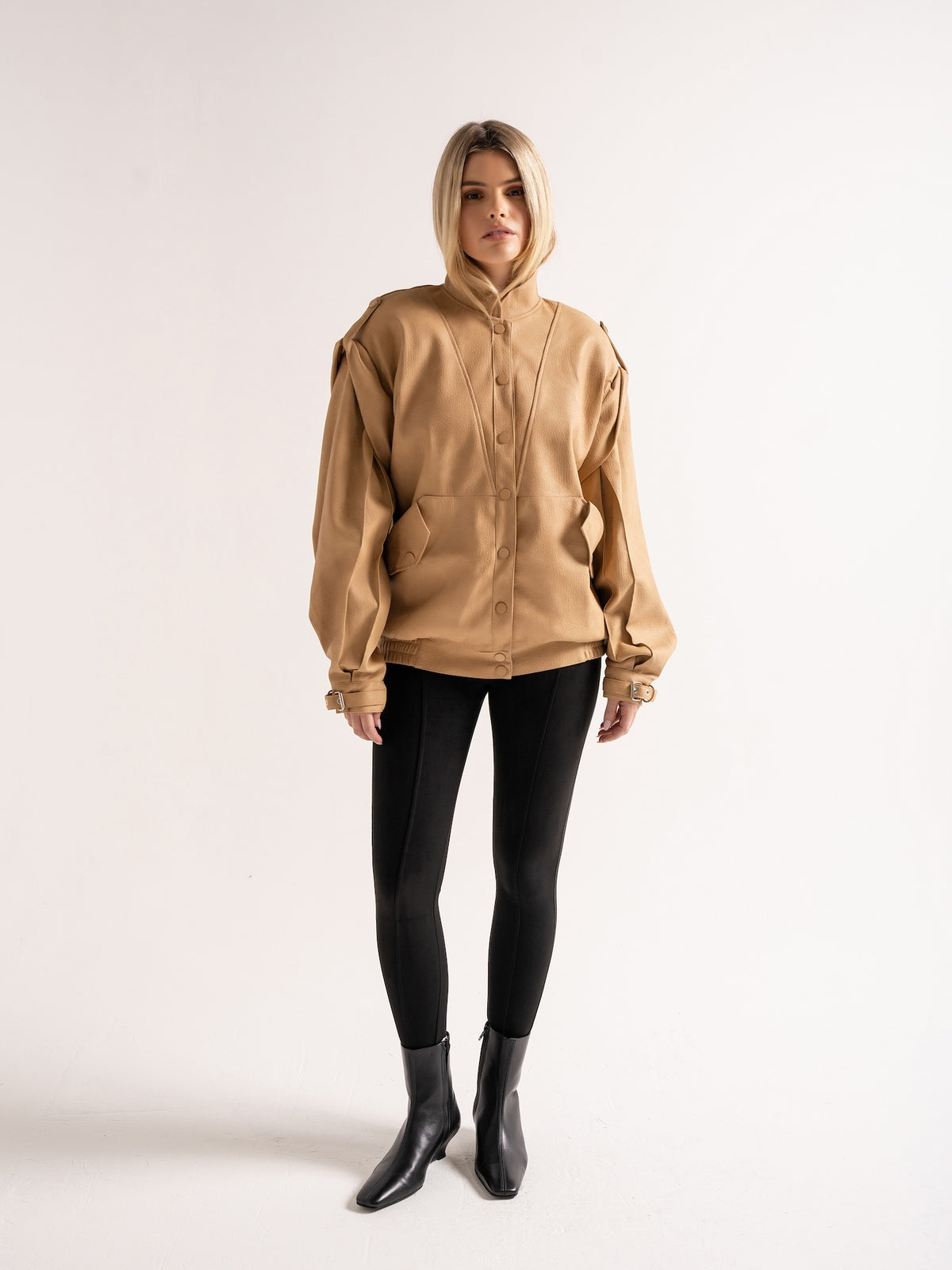 'SIENNA' FAUX LEATHER OVERSIZED MULTI WAY JACKET CAMEL