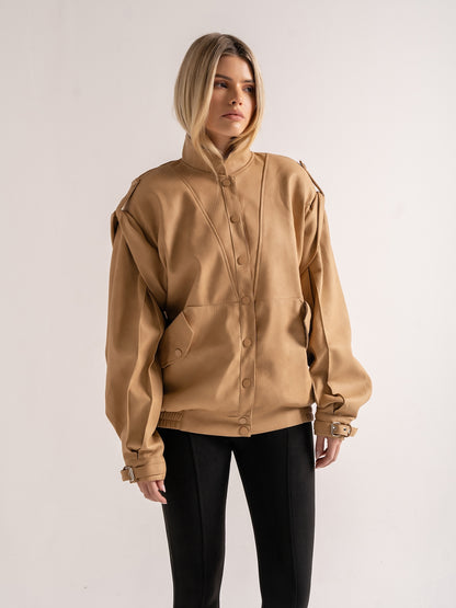 'SIENNA' FAUX LEATHER OVERSIZED MULTI WAY JACKET CAMEL
