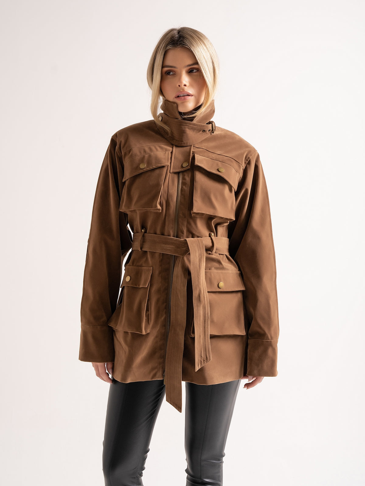 ‘STEVIE' FAUX SUEDE UTILITY HOURGLASS JACKET BROWN