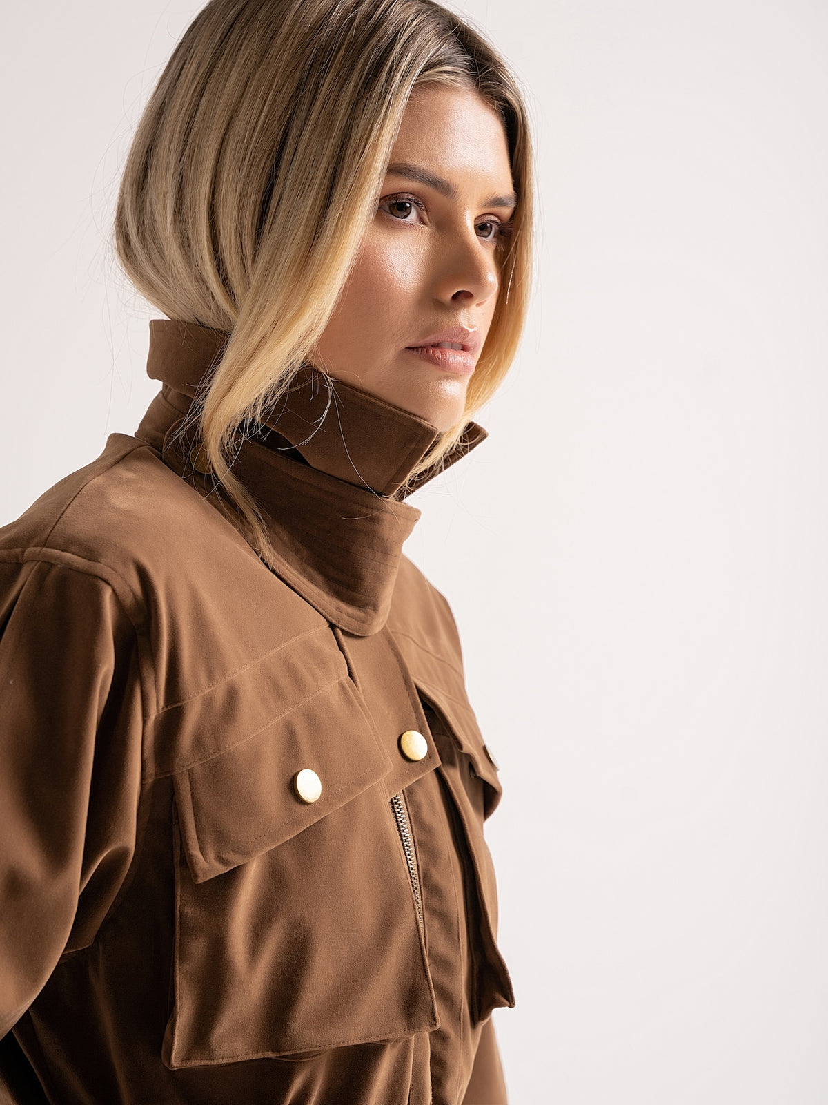 ‘STEVIE' FAUX SUEDE UTILITY HOURGLASS JACKET BROWN