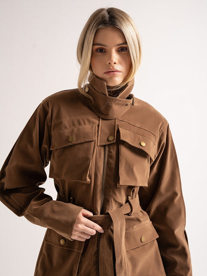 ‘STEVIE' FAUX SUEDE UTILITY HOURGLASS JACKET BROWN