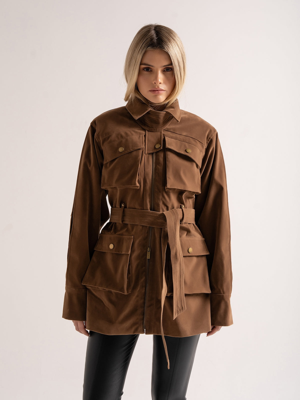 ‘STEVIE' FAUX SUEDE UTILITY HOURGLASS JACKET BROWN