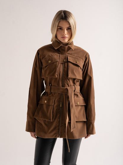 ‘STEVIE' FAUX SUEDE UTILITY HOURGLASS JACKET BROWN