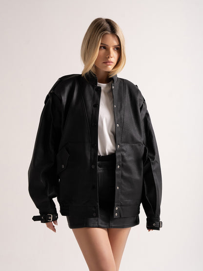 'SIENNA' FAUX LEATHER OVERSIZED MULTI WAY JACKET BLACK