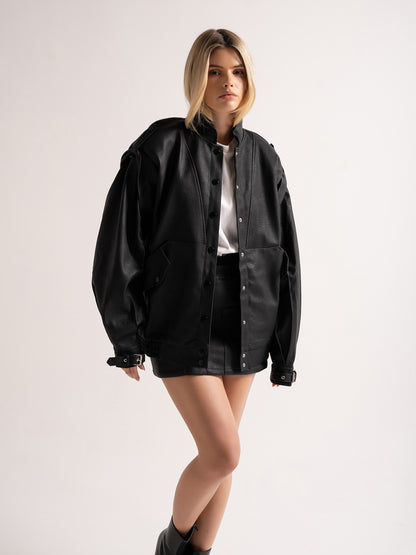 'SIENNA' FAUX LEATHER OVERSIZED MULTI WAY JACKET BLACK