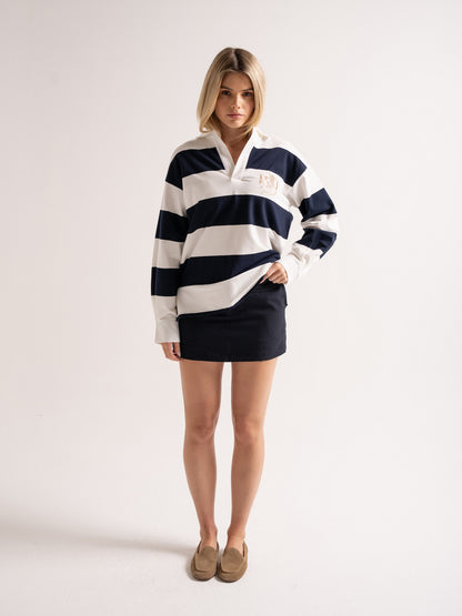 'CLEMENCE' VARSITY STRIPED RUGBY TOP NAVY