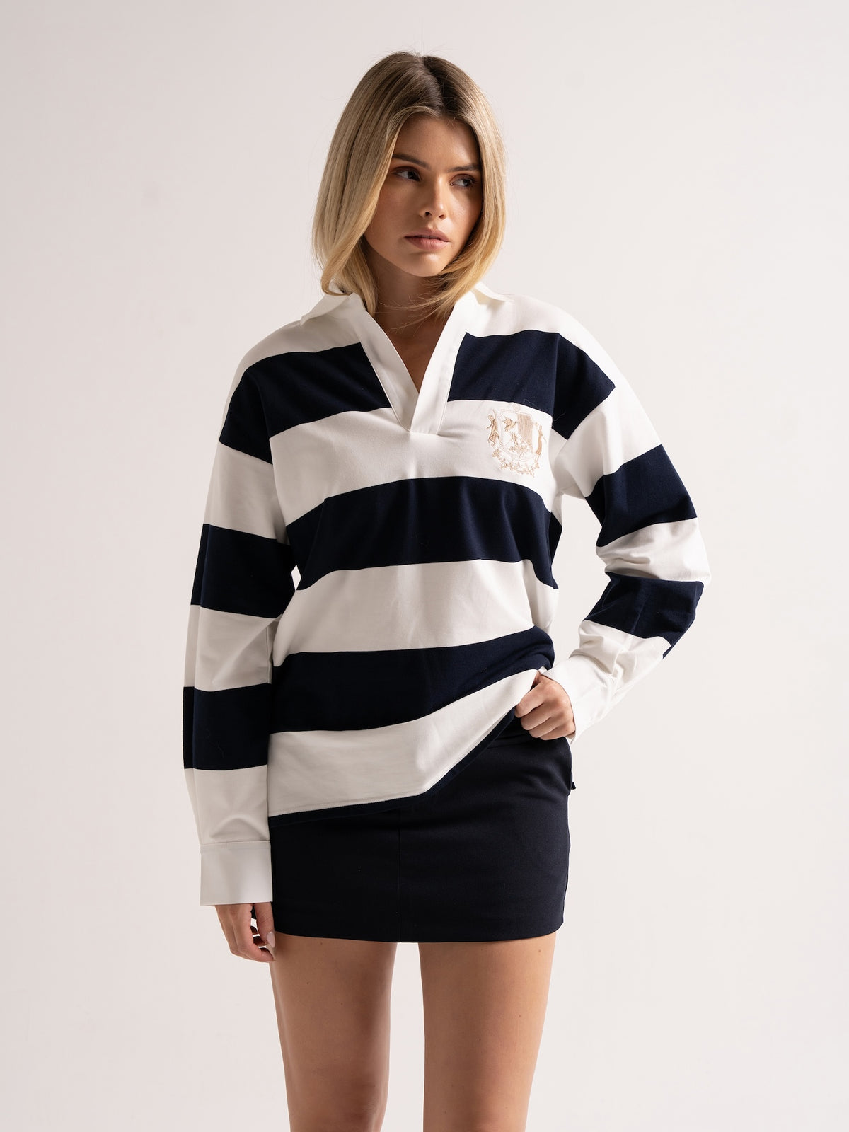 'CLEMENCE' VARSITY STRIPED RUGBY TOP NAVY