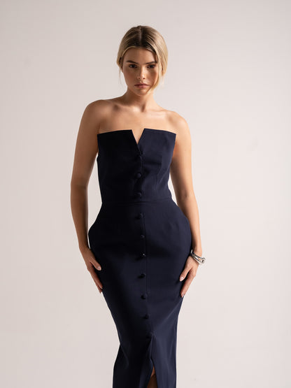 'MARILYN' EXAGGERATED SQUARE BANDEAU BUTTON DETAIL MIDI DRESS NAVY